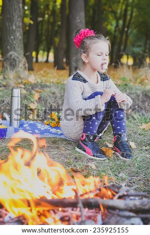 Little girl roasting a marshmallow in the campfire