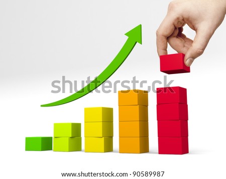 Bar chart made color blocks. Hand puts another block on the top of the highest bar