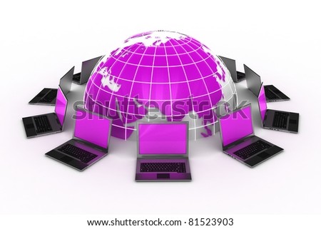 laptops around a fuxia world connected on internet grid