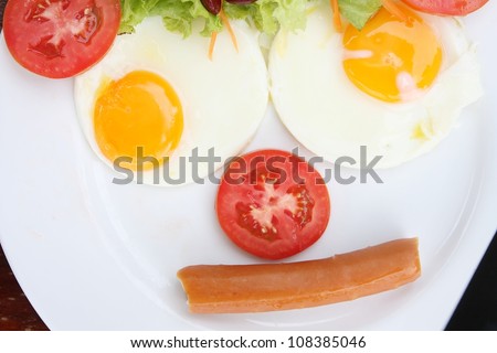 Breakfast on a plate of a funny face made from fried eggs, sausages ,Tomato