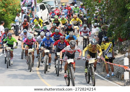 PATTAYA MOUNTAIN BIKE CHALLENCE THAILAND - APRIL 26- group of bikers are riding bikes in bicycle lane of at the mountain  on April 26 2015,  Pattaya  city Thailand