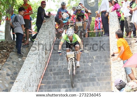 PATTAYA MOUNTAIN BIKE CHALLENCE THAILAND - APRIL 26- group of bikers are riding bikes in bicycle lane of at the mountain on April 26 2015, Pattaya city Thailand