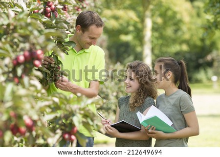 Pretty young girls having outdoor lesson  exploring nature in fruit orchard