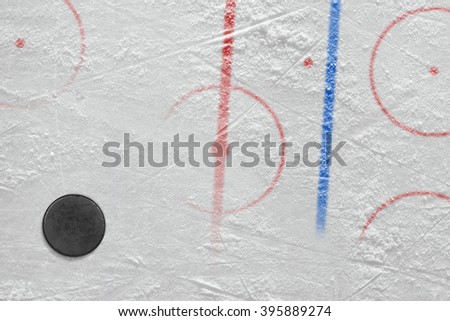 The puck on the ice hockey rink. Concept, hockey, background