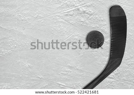 Washer and black stick on the ice hockey rink. Concept, background
