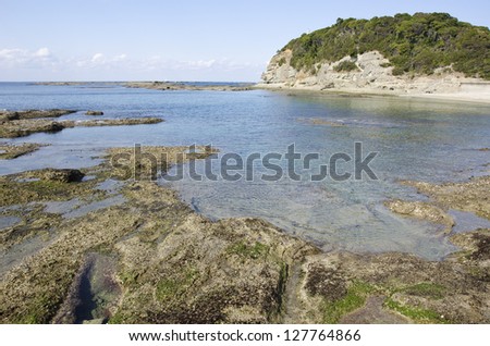 Tidal area with rocky surface at low tide in japan