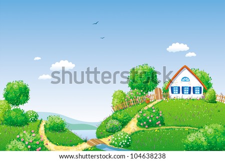 Rural summer landscape with small house, river, trees and bushes