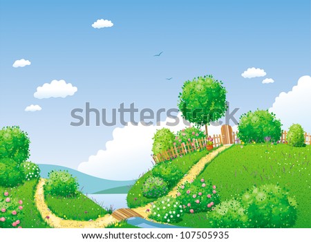 Rural summer landscape with river, bridge, trees and bushes