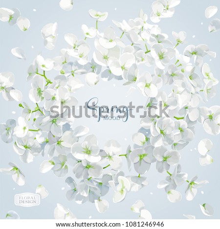 Floral vector art - luxurious white Hydrangea flower and Apple blossom composition with flying petals. Template for 8 March, wedding, Valentine\'s Day,  Mother\'s Day, sales and other seasonal events.
