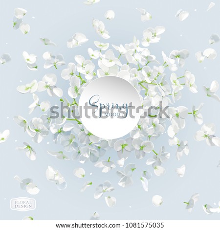Floral vector art - luxurious white Hydrangea flower and Apple blossom composition with flying petals. Template for 8 March, wedding, Valentine's Day,  Mother's Day, sales and other seasonal events.