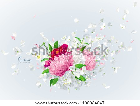 Summer wind - luxurious white vector Hydrangea flower,  Apple blossom, Pink Chrysanthemums with flying petals in watercolor style for 8 March, wedding, Valentine\'s Day,  Mother\'s Day, seasonal  sales