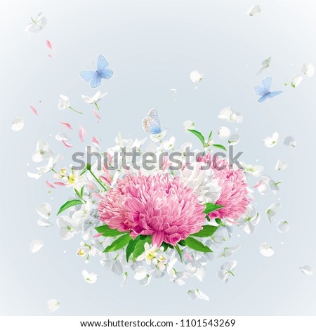 Summer wind - luxurious white vector Hydrangea flower,  Apple blossom, Pink Chrysanthemums with flying petals in watercolor style for 8 March, wedding, Valentine\'s Day,  Mother\'s Day, seasonal  sales