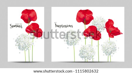Luxurious bright red vector Poppy and Hydrangea flowers on white background for floral decoration. Template set for invitation cards, wedding, banners, sales, brochure cover design, posters