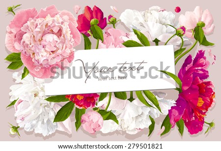 Luxurious pink, red and white peony flower and leaves greeting card with a paper label