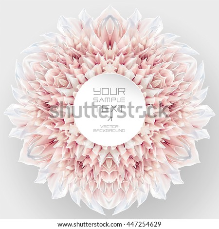 Design and art element - abstract kaleidoscopic rosette consisting of reflections of red-white garden Dahlia flower on neutral grey background for. 6 radial symmetry.