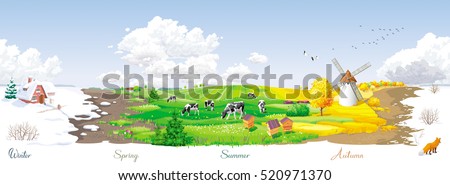 All the year round - ecological concept - seamless landscape with four seasons  of the year at a rural panorama with fields, cows, windmill and apiary. For packs, posters, banners and Calendars.