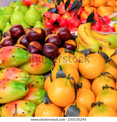 Choice of fruit shaped marzipan sweets, a product of Sicily