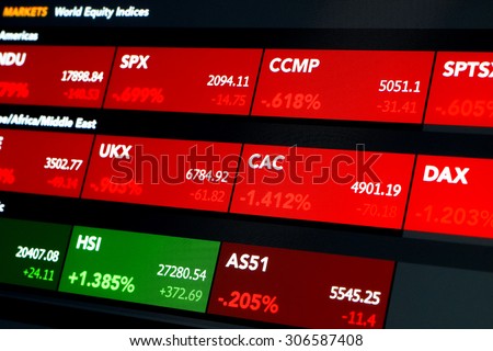 TURIN, ITALY, June 13th 2015 - Lcd tablet monitor shows colored tags reporting prices and performance for major equity indexes, financial and economic data for brokers during trading session