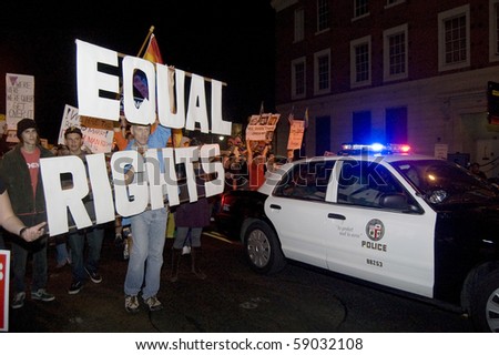 HOLLYWOOD, CA - NOV 8: Protester holds an equal rights sign in protest against prop 8 November 8, 2008 in Hollywood California.