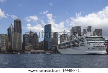 Sydney, Australia- 23th March 2013: The cruise ship Rhapsody of the Seas docked in Sydney Harbour. The ship is a Vision class cruise ship operated by Royal Caribbean International.