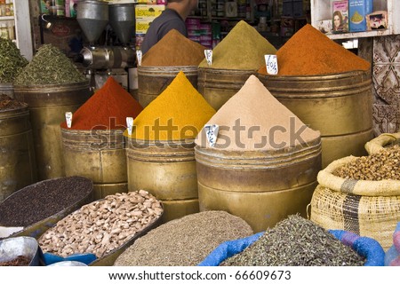 Spices piles in bins outside a shop in Marrakech, Morocco. Image by Kevin Hellon.