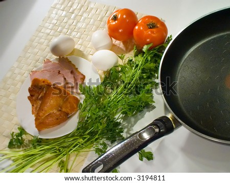 food series: tasty healthy food, eggs, tomato, meat, parsley