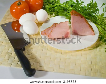 food series: tasty healthy food, eggs, tomato, meat, parsley
