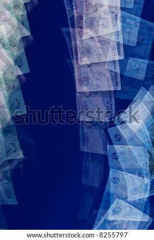 money series: falling bank-paper money over blue, inflation