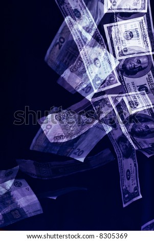 money series: falling bank-paper money over blue, inflation
