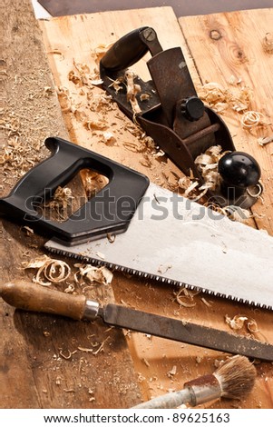 set of carpenters tool on tne wood and shavings