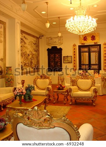 Grand oriental mansion's living room with antique furniture