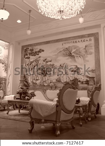 Glamourous oriental mansion\'s living room with antique furniture(sepia)