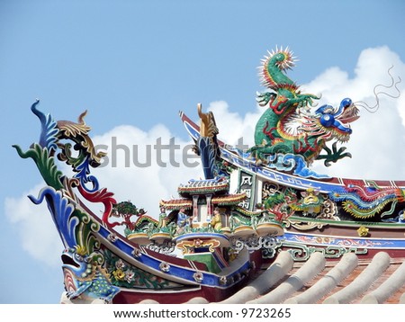 Authentic oriental temple roof's architecture, against cloudy blue sky