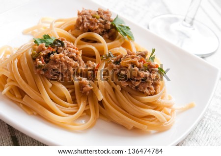 Italian pasta with beef in tomato sauce
