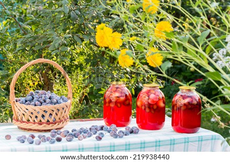 compote home canning and basket with plums