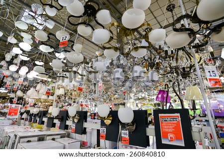 Moscow, Russia - March 5, 2015: Chandeliers in chain stores OBI. German retail chain stores of construction and household goods belonging to the company OBI GmbH and Co.