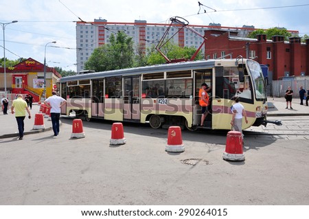 MOSCOW, RUSSIA - 15.06.2015. The tram rides on a rails. Every day go on a city 1,000 trams