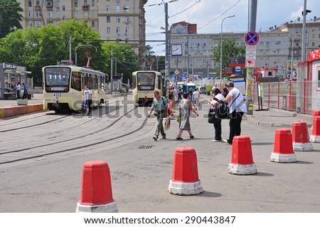MOSCOW, RUSSIA - 15.06.2015. The tram rides on a rails. Every day go on a city 1,000 trams