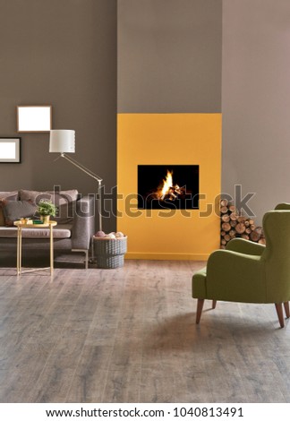 modern living room with fireplace brown and dark yellow detail.