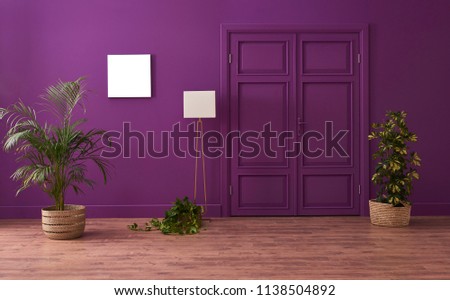 Purple living room with classic purple door and wicker vase of plant. Brown parquet detail.