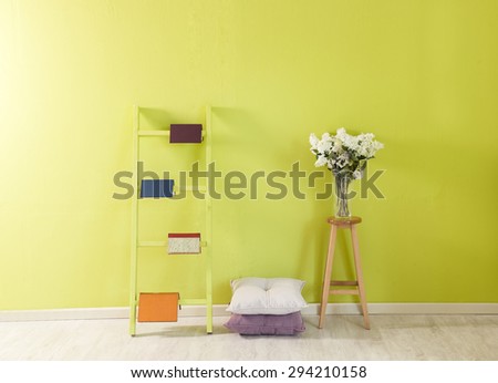 green wall room decor and stairs