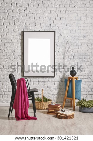 white brick wall interior with basket and frame concept