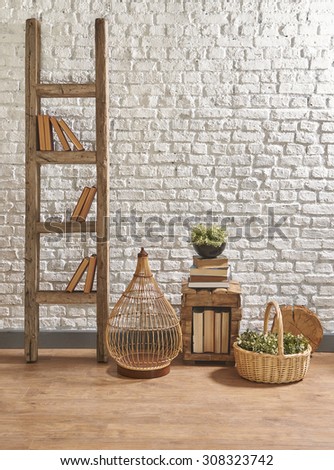 brick wall stairs interior with wood floor