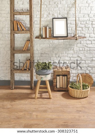 modern brick wall stairs interior with wood stool