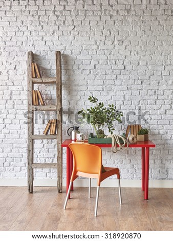 white brick wall red table orange chair interior with old stairs