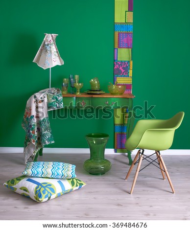 green wall furniture pillow green chair and glass with green desk