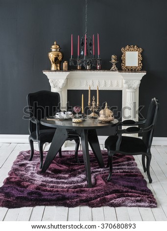 luxury interior decor black wall and fireplace black chair gold frame classic dining room style