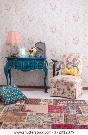 floral design wall paper desk and patchwork chair classic interior style