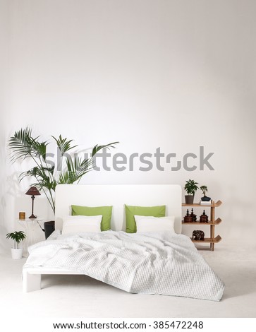 modern white wall bedroom and bed with green pillow minimal decor