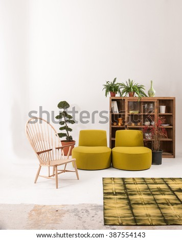 white wall modern living room interior decor green armchair and wooden bookshelf with\
green rug concept